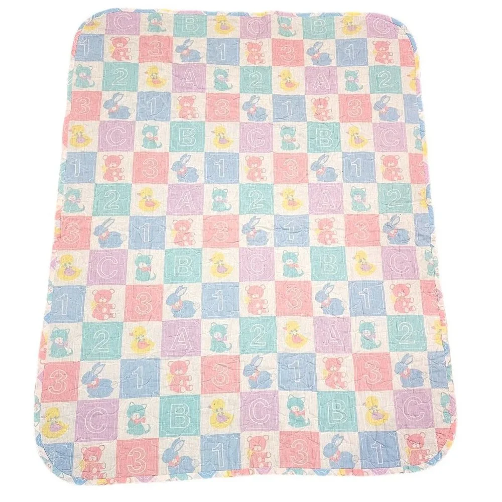 Vintage 80s‎ Baby Quilt Pastel Blocks Number Letter 123 ABC Bear Bunny Duck Cat